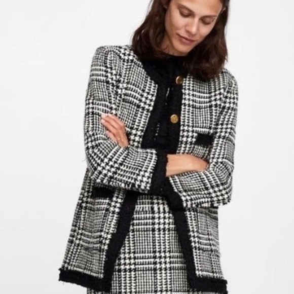 Zara Jackets & Blazers - Zara Women's Lg Houndstooth Preppy Gold Button Blazer Tweed Textured